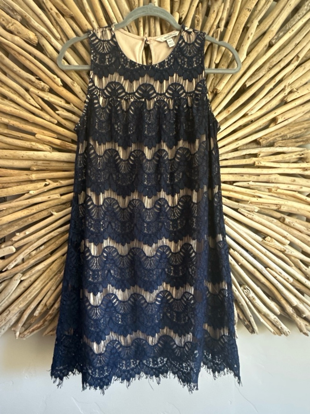 Speechless Navy Lace Overlay Mini Dress with Nude Lining